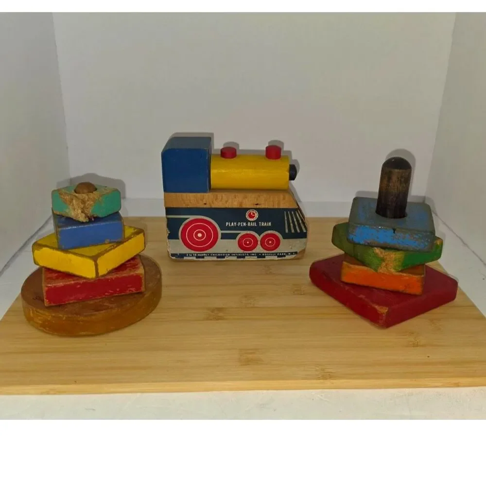 Vintage Wooden Toy Lot of 3 1950s Play-Pen Rail Train Geometric Block Stackers